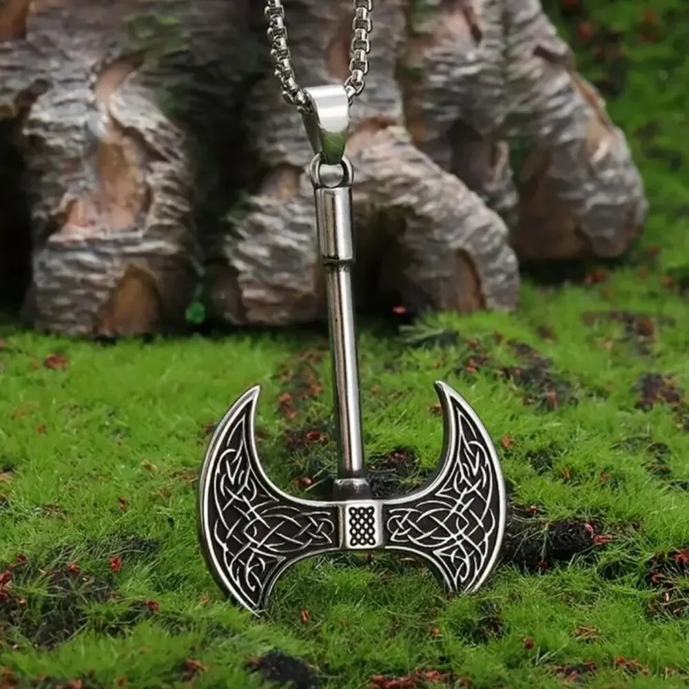 Men's Viking Axe Pendant Necklace Silver Tone Celtic Knot Double Blade Norse